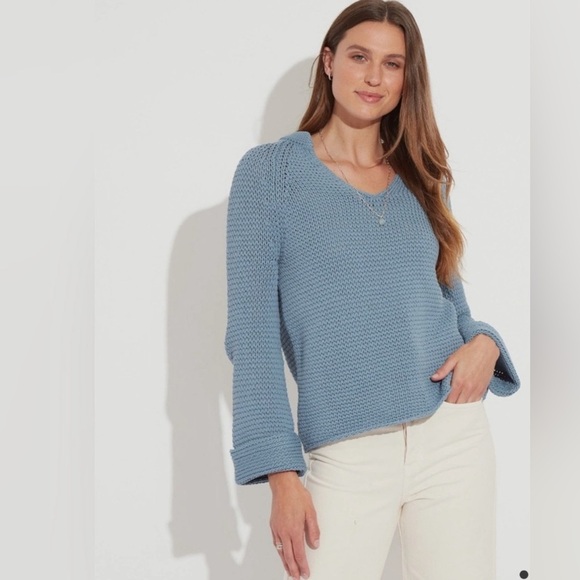 The Reset The Breezy Airy Loose Knit V-Neck Sweater in Steel Blue Size Medium - Picture 1 of 5